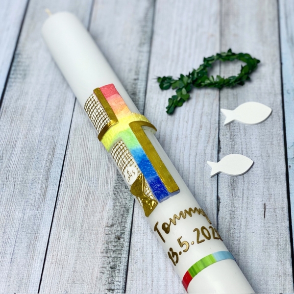 Kommunion | Bastelset | No.138 | Kommunionkerze selber machen | Buntes Kreuz mit goldenem Netz